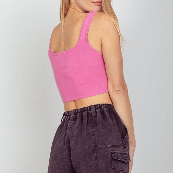 Square Neck Crop Fitted Sweater Knit Tank Top, Pink - Picture 3 of 4